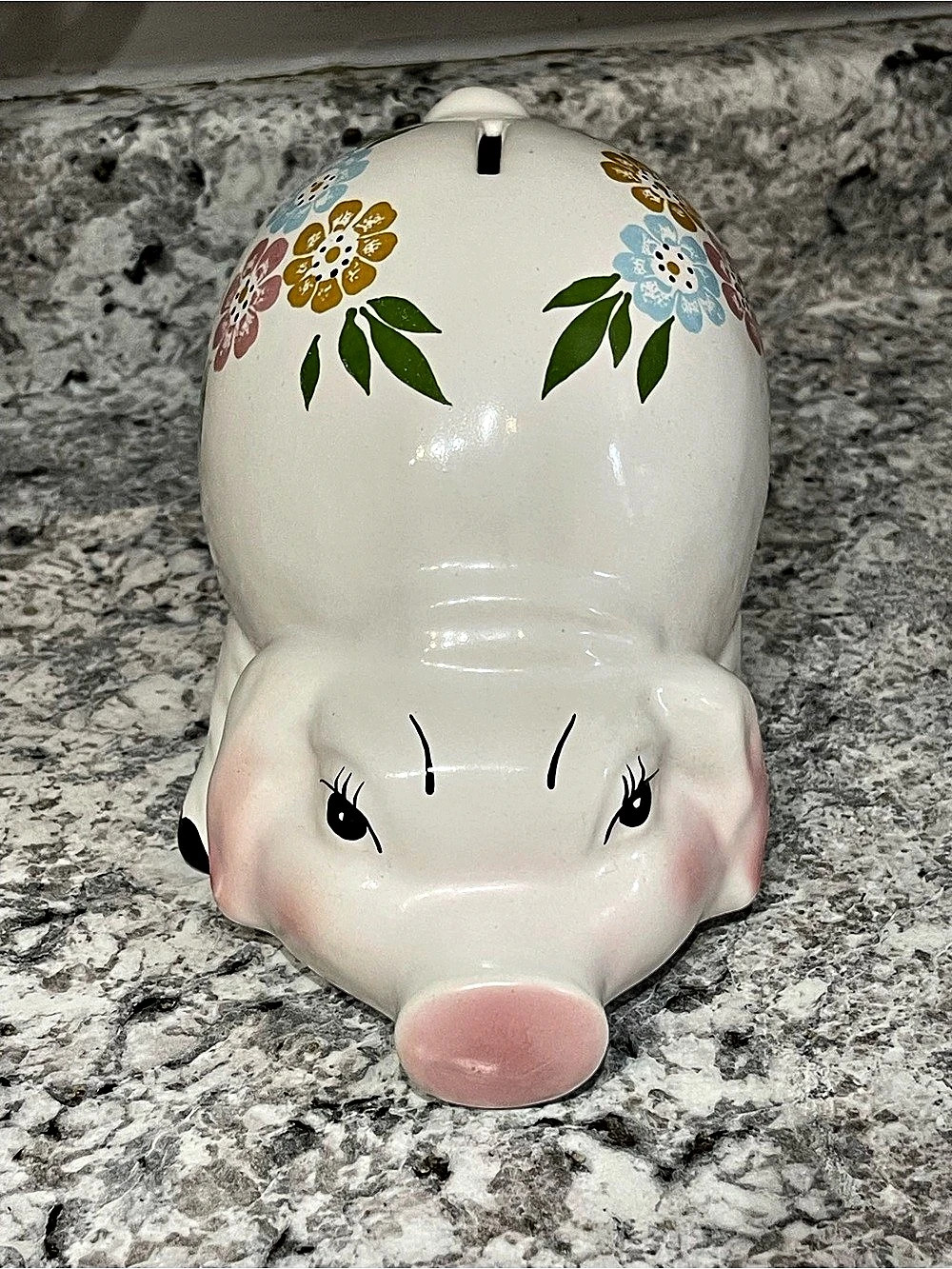 Vintage Floral Piggy Bank in White & Pink